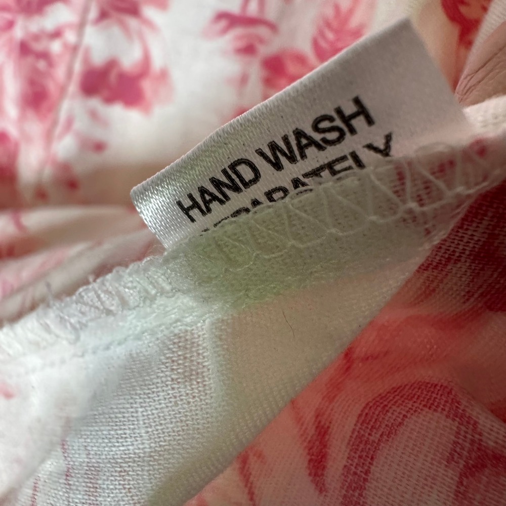 Pink Cottagecore Floral Toile Midi Dress Cotton Linen Puff Sleeve Smocked Back - Picture 7 of 7